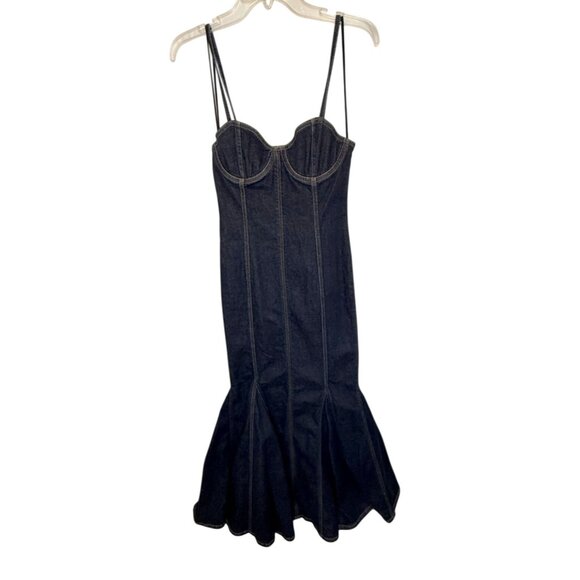 Alice + Olivia Natacha Godet Maxi Denim Dress Dark Rinse NWT - Size 2 - Picture 3 of 12